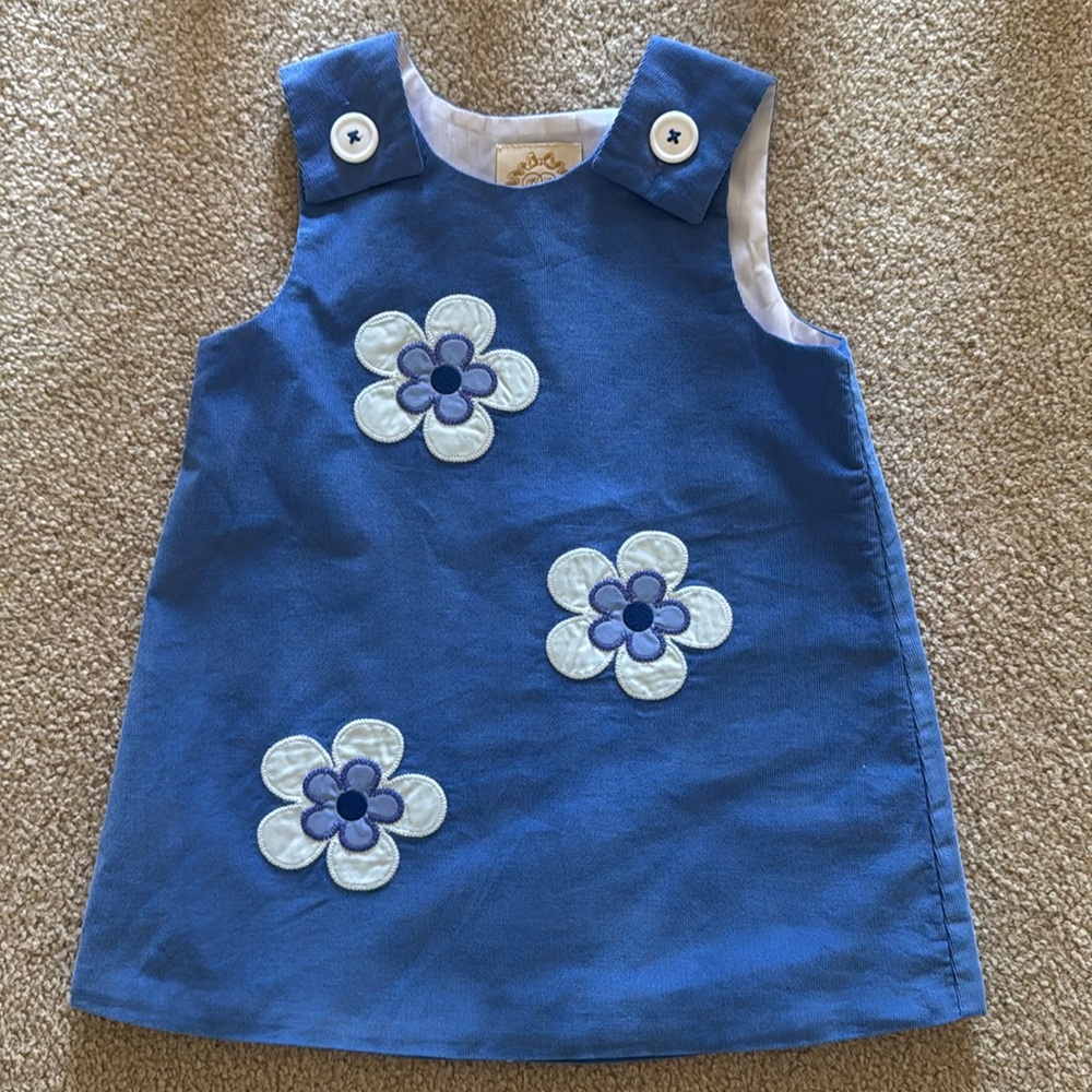 The Beaufort Bonnet Company Blue Corduroy Juliet Jumper Blue Flower Appliqué 3T